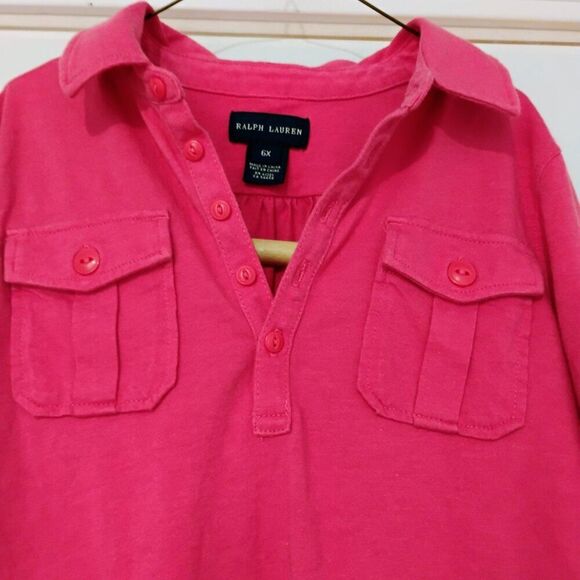 Ralph Lauren Girls 6X Cargo Pocket Soft Knit Shirt Roll Tab Sleeves Fuchsia Pink - Picture 3 of 13